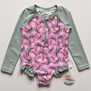 Caden Lane Girls Long-Sleeve Rashguard with Front Zipper, Palm Party